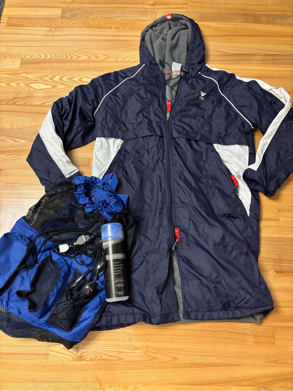 TYR Navy and White Hooded Swim Parka with swim bag, towel and goggles.